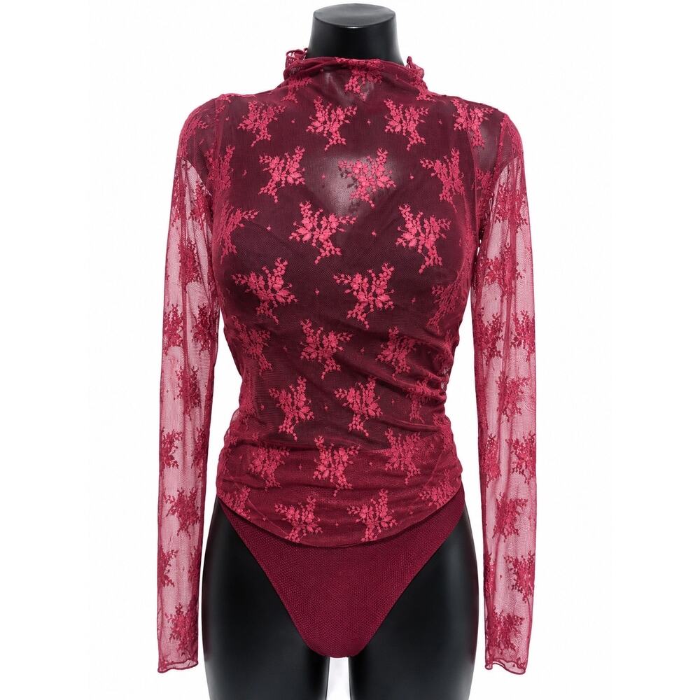 Intimately Free People Burgundy Floral Lace Mesh Bodysuit XS Coquette Goth Y2K
